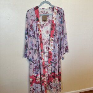 Kori Womens Pink Floral Kimono Maxi Open Front Dress Cover Up Top NWT Large